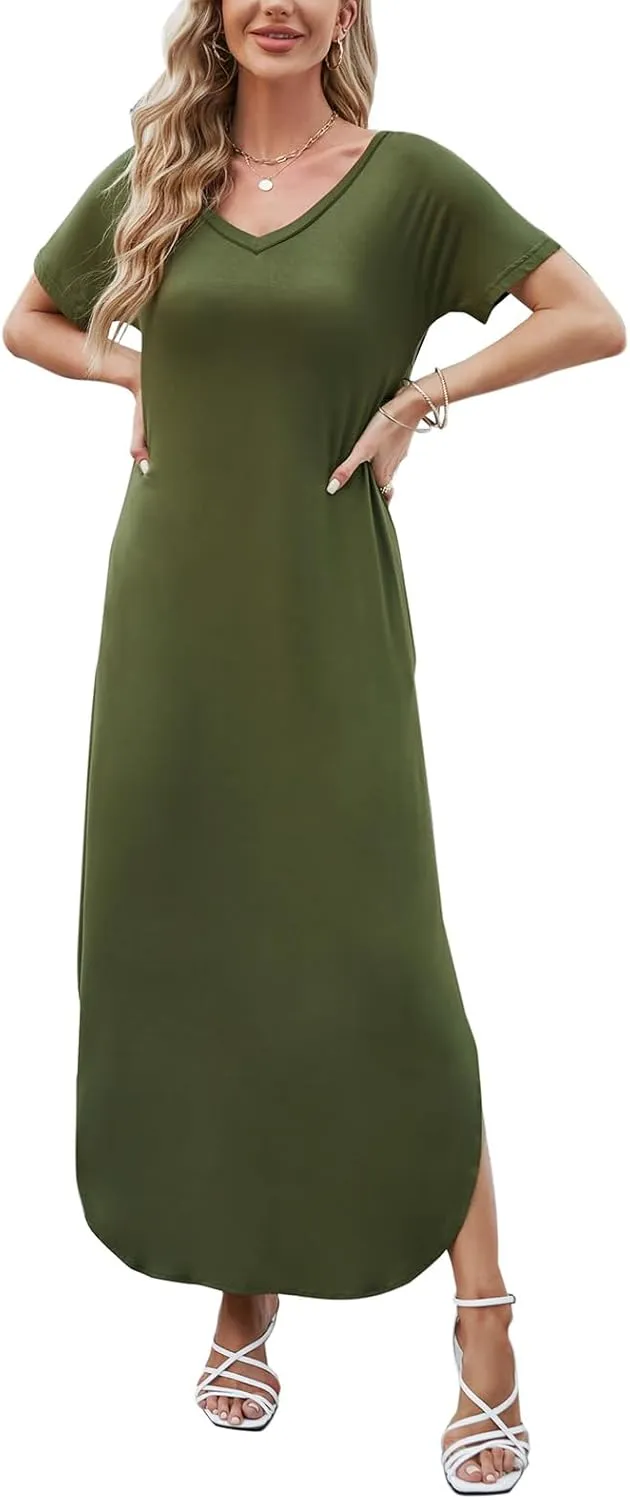 HUSKARY Women's Summer Maxi Dress Casual Loose Pockets Long Dress Short Sleeve Split Maxi Dresses