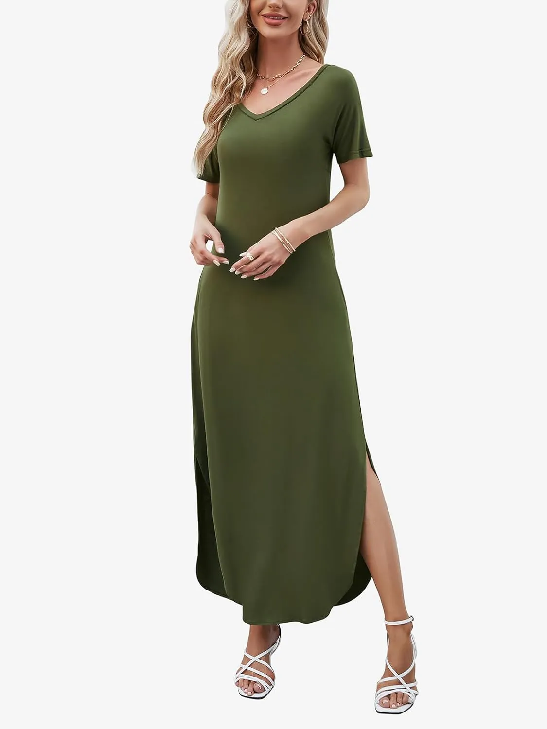 HUSKARY Women's Summer Maxi Dress Casual Loose Pockets Long Dress Short Sleeve Split Maxi Dresses