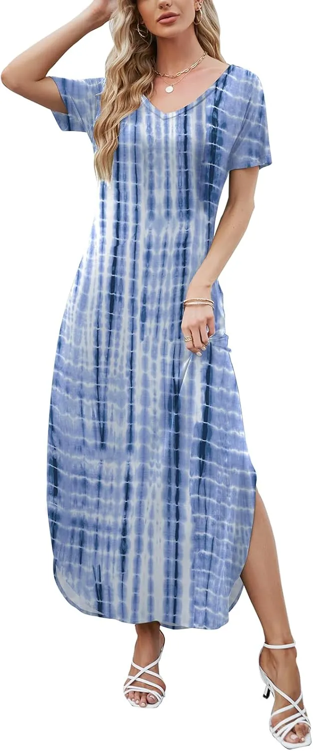HUSKARY Women's Summer Maxi Dress Casual Loose Pockets Long Dress Short Sleeve Split Maxi Dresses