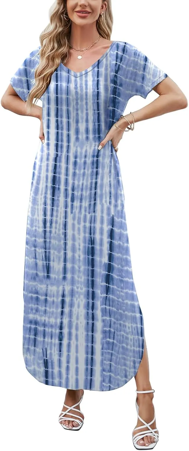 HUSKARY Women's Summer Maxi Dress Casual Loose Pockets Long Dress Short Sleeve Split Maxi Dresses