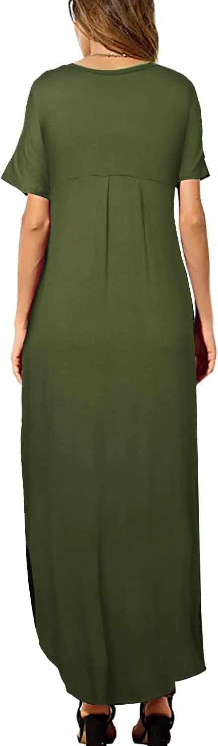 HUSKARY Women's Summer Maxi Dress Casual Loose Pockets Long Dress Short Sleeve Split Maxi Dresses