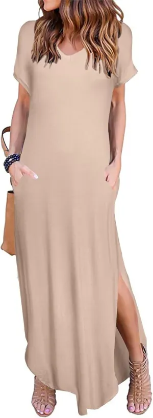 HUSKARY Women's Summer Maxi Dress Casual Loose Pockets Long Dress Short Sleeve Split Maxi Dresses