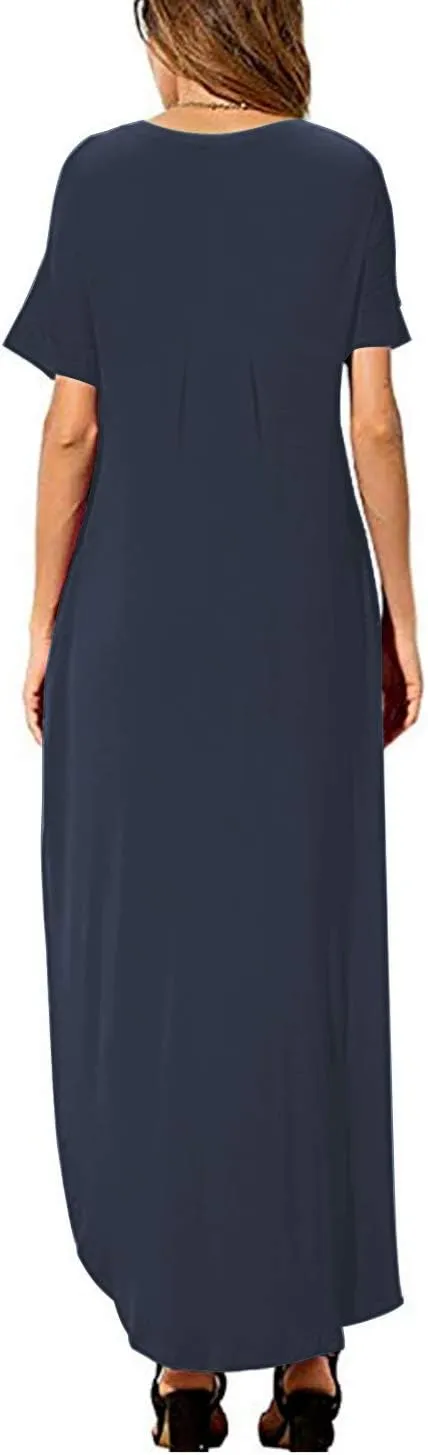 HUSKARY Women's Summer Maxi Dress Casual Loose Pockets Long Dress Short Sleeve Split Maxi Dresses