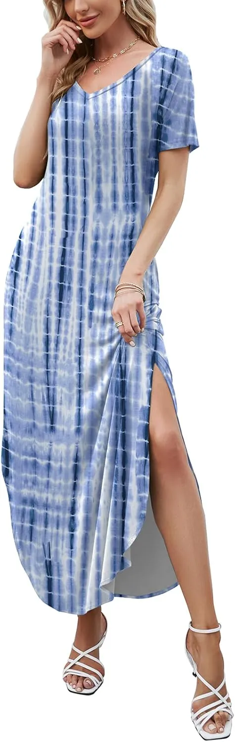 HUSKARY Women's Summer Maxi Dress Casual Loose Pockets Long Dress Short Sleeve Split Maxi Dresses
