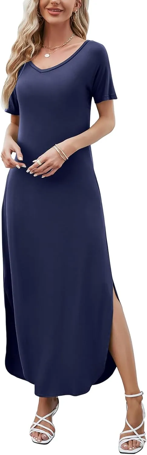 HUSKARY Women's Summer Maxi Dress Casual Loose Pockets Long Dress Short Sleeve Split Maxi Dresses
