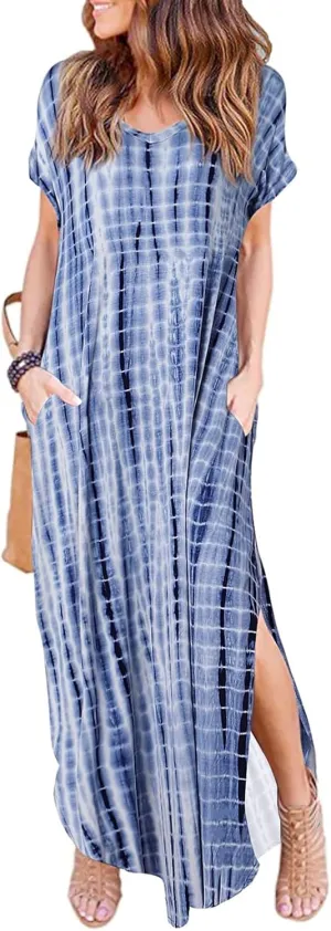 HUSKARY Women's Summer Maxi Dress Casual Loose Pockets Long Dress Short Sleeve Split Maxi Dresses
