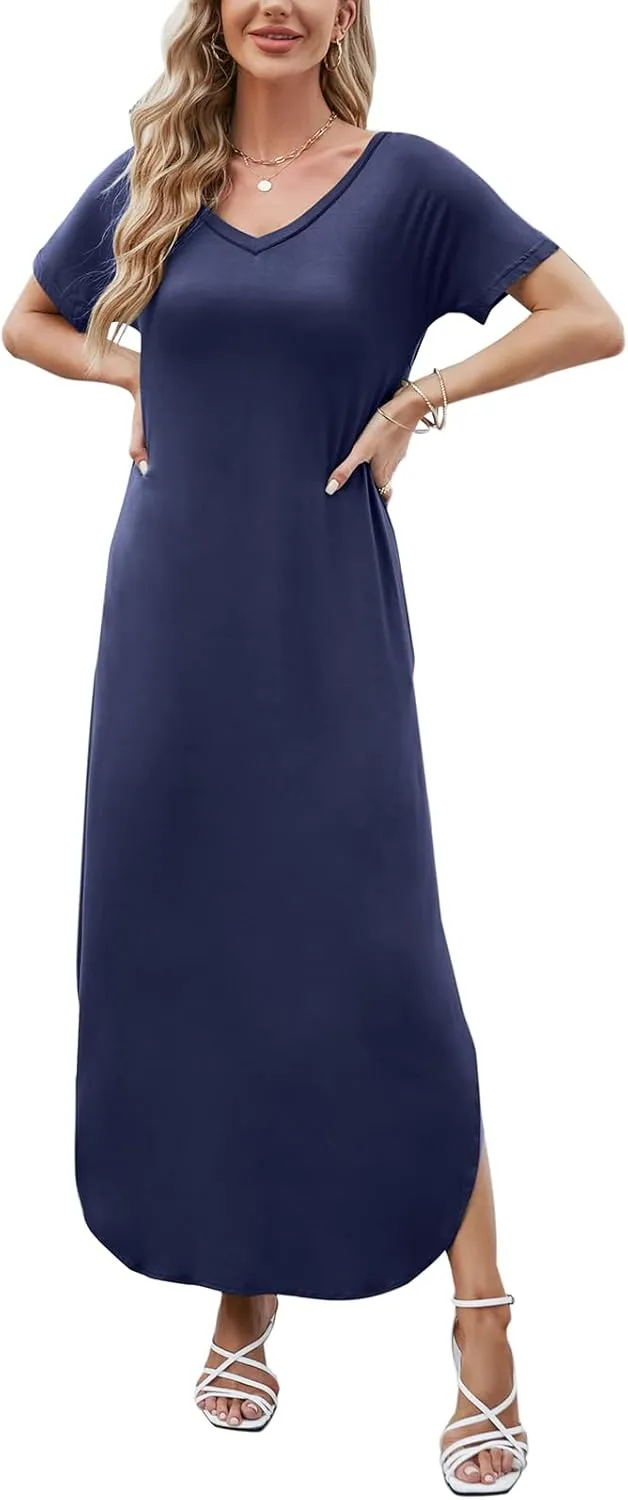 HUSKARY Women's Summer Maxi Dress Casual Loose Pockets Long Dress Short Sleeve Split Maxi Dresses