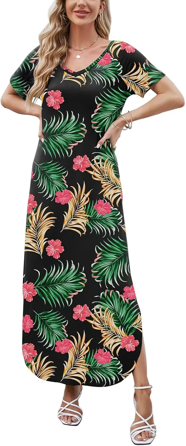 HUSKARY Women's Summer Maxi Dress Casual Loose Pockets Long Dress Short Sleeve Split Maxi Dresses