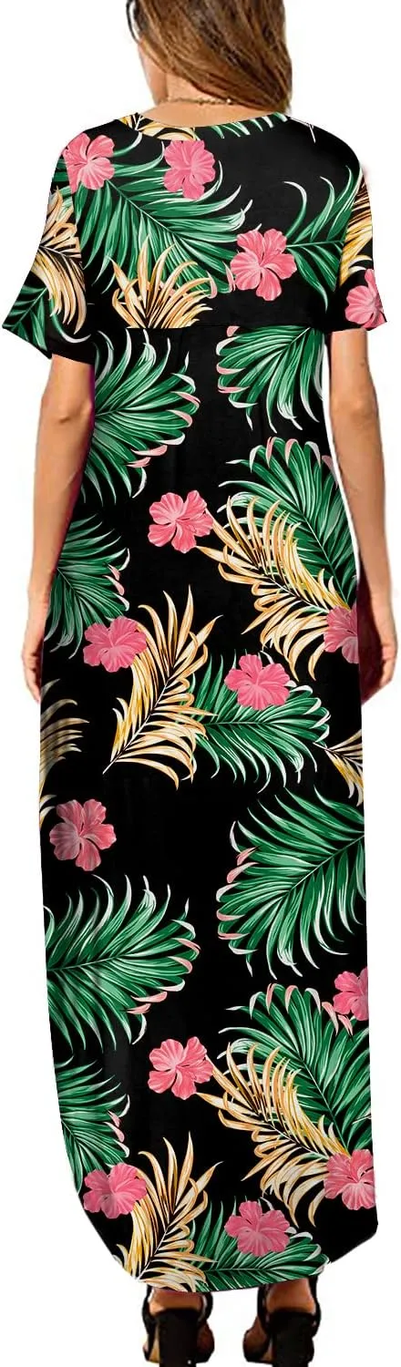 HUSKARY Women's Summer Maxi Dress Casual Loose Pockets Long Dress Short Sleeve Split Maxi Dresses