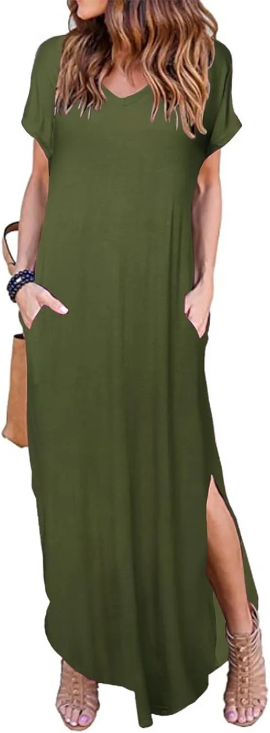 HUSKARY Women's Summer Maxi Dress Casual Loose Pockets Long Dress Short Sleeve Split Maxi Dresses