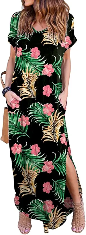 HUSKARY Women's Summer Maxi Dress Casual Loose Pockets Long Dress Short Sleeve Split Maxi Dresses