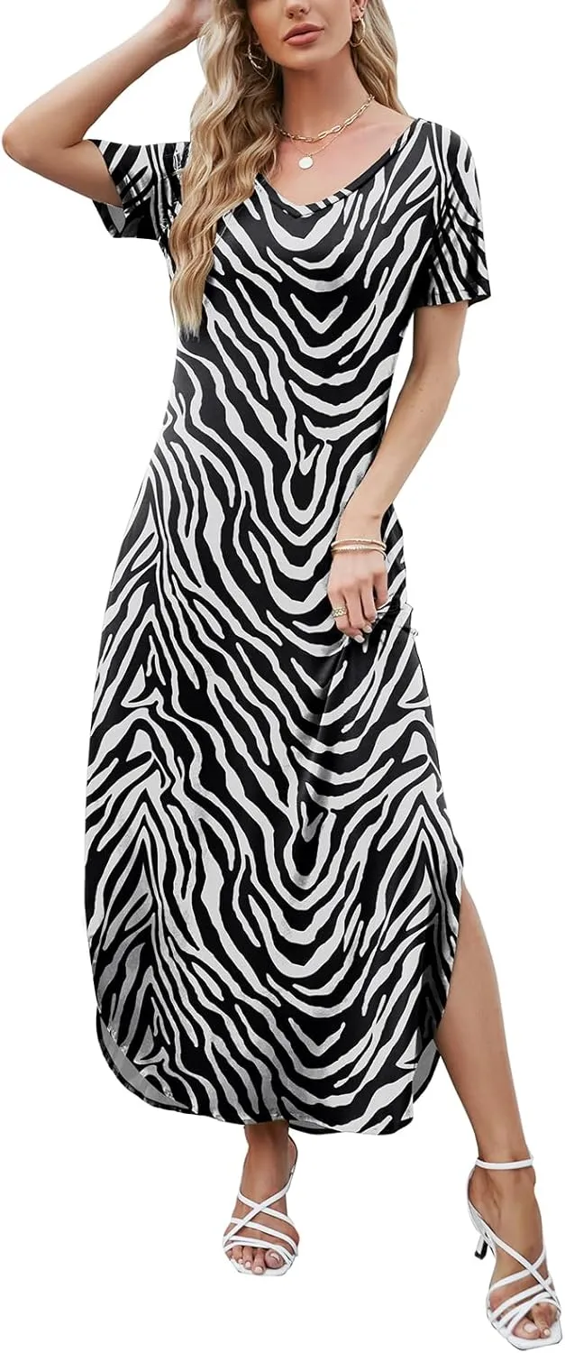 HUSKARY Women's Summer Maxi Dress Casual Loose Pockets Long Dress Short Sleeve Split Maxi Dresses