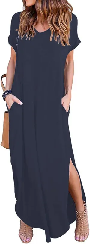 HUSKARY Women's Summer Maxi Dress Casual Loose Pockets Long Dress Short Sleeve Split Maxi Dresses