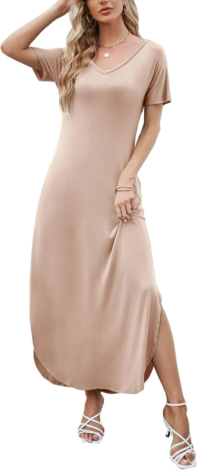 HUSKARY Women's Summer Maxi Dress Casual Loose Pockets Long Dress Short Sleeve Split Maxi Dresses