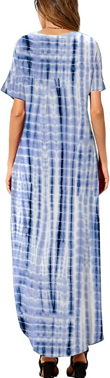 HUSKARY Women's Summer Maxi Dress Casual Loose Pockets Long Dress Short Sleeve Split Maxi Dresses