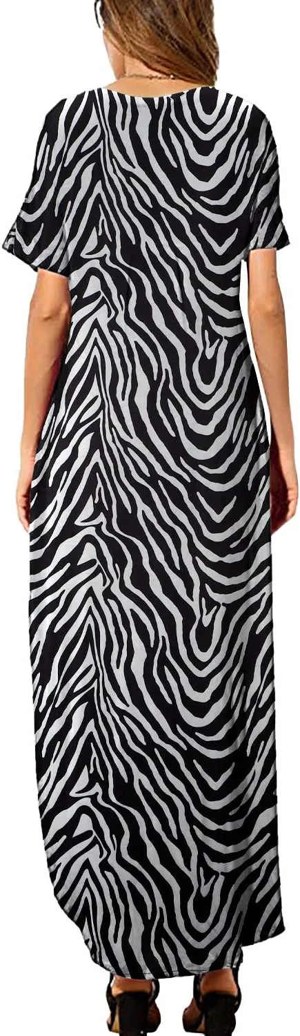 HUSKARY Women's Summer Maxi Dress Casual Loose Pockets Long Dress Short Sleeve Split Maxi Dresses