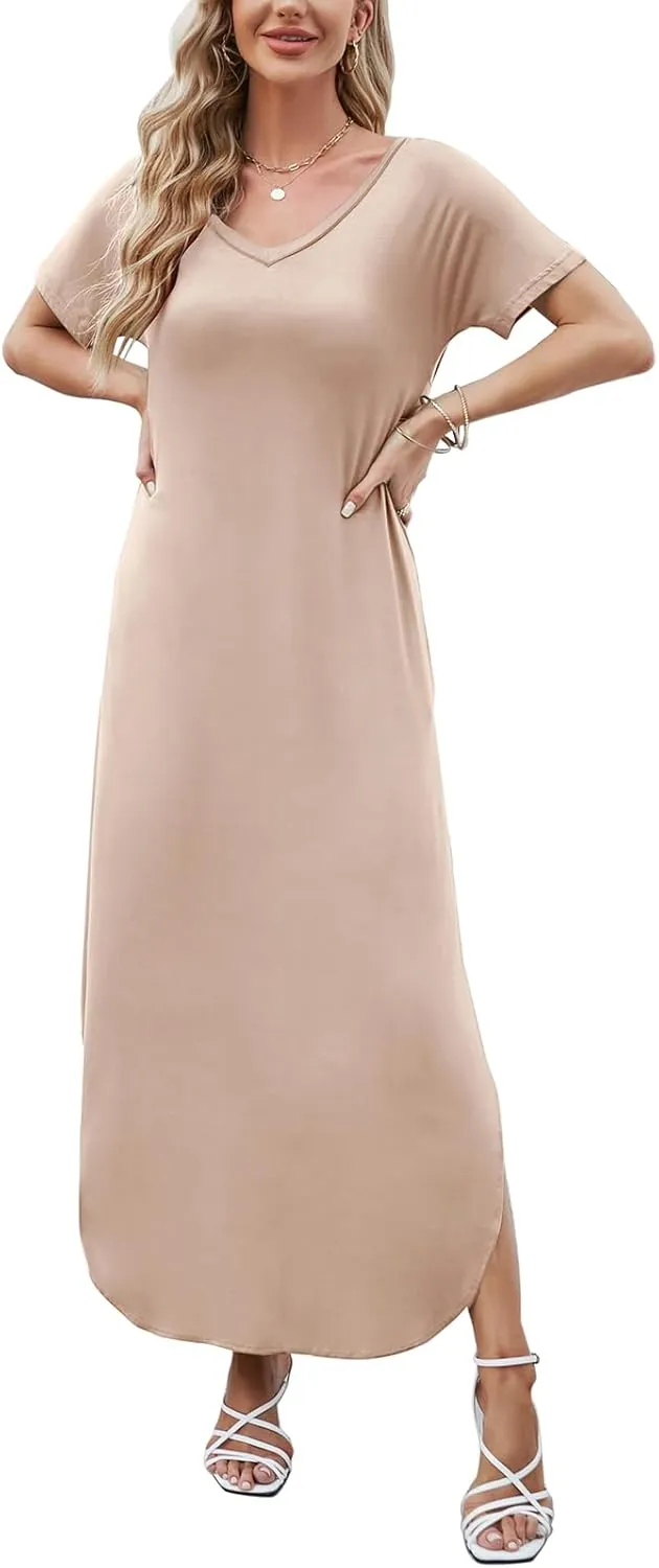 HUSKARY Women's Summer Maxi Dress Casual Loose Pockets Long Dress Short Sleeve Split Maxi Dresses