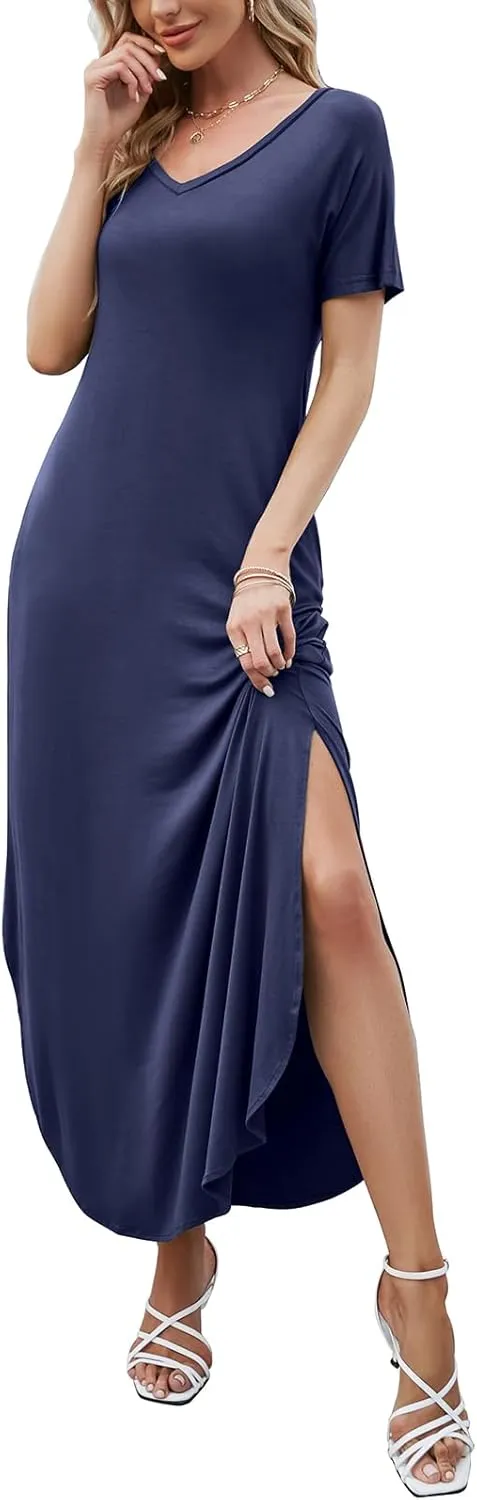HUSKARY Women's Summer Maxi Dress Casual Loose Pockets Long Dress Short Sleeve Split Maxi Dresses