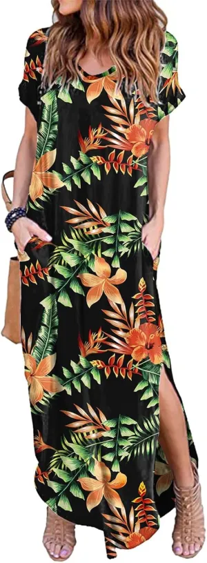 HUSKARY Women's Summer Maxi Dress Casual Loose Pockets Long Dress Short Sleeve Split Maxi Dresses
