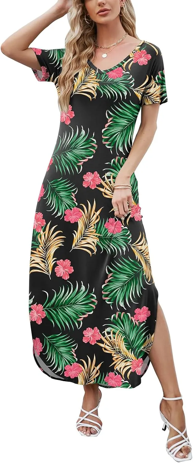 HUSKARY Women's Summer Maxi Dress Casual Loose Pockets Long Dress Short Sleeve Split Maxi Dresses