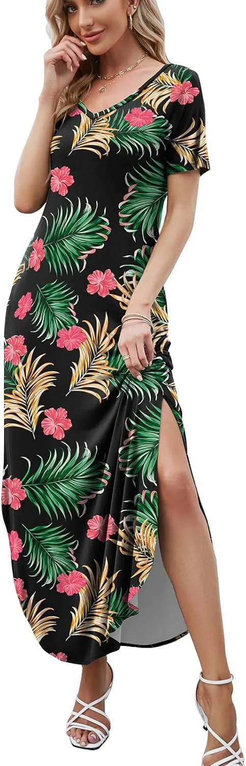 HUSKARY Women's Summer Maxi Dress Casual Loose Pockets Long Dress Short Sleeve Split Maxi Dresses