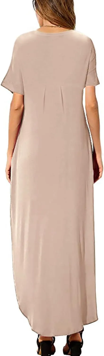 HUSKARY Women's Summer Maxi Dress Casual Loose Pockets Long Dress Short Sleeve Split Maxi Dresses