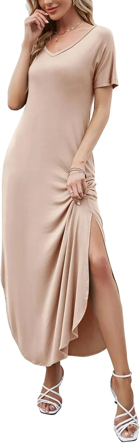 HUSKARY Women's Summer Maxi Dress Casual Loose Pockets Long Dress Short Sleeve Split Maxi Dresses