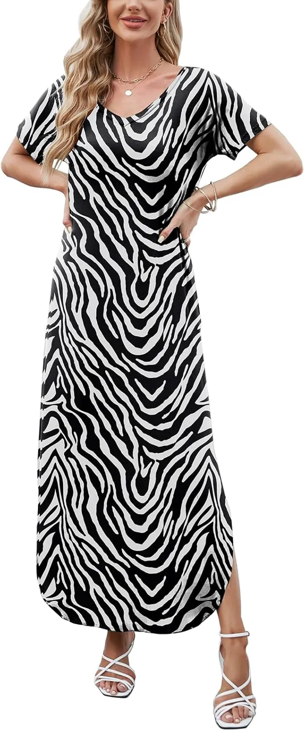 HUSKARY Women's Summer Maxi Dress Casual Loose Pockets Long Dress Short Sleeve Split Maxi Dresses