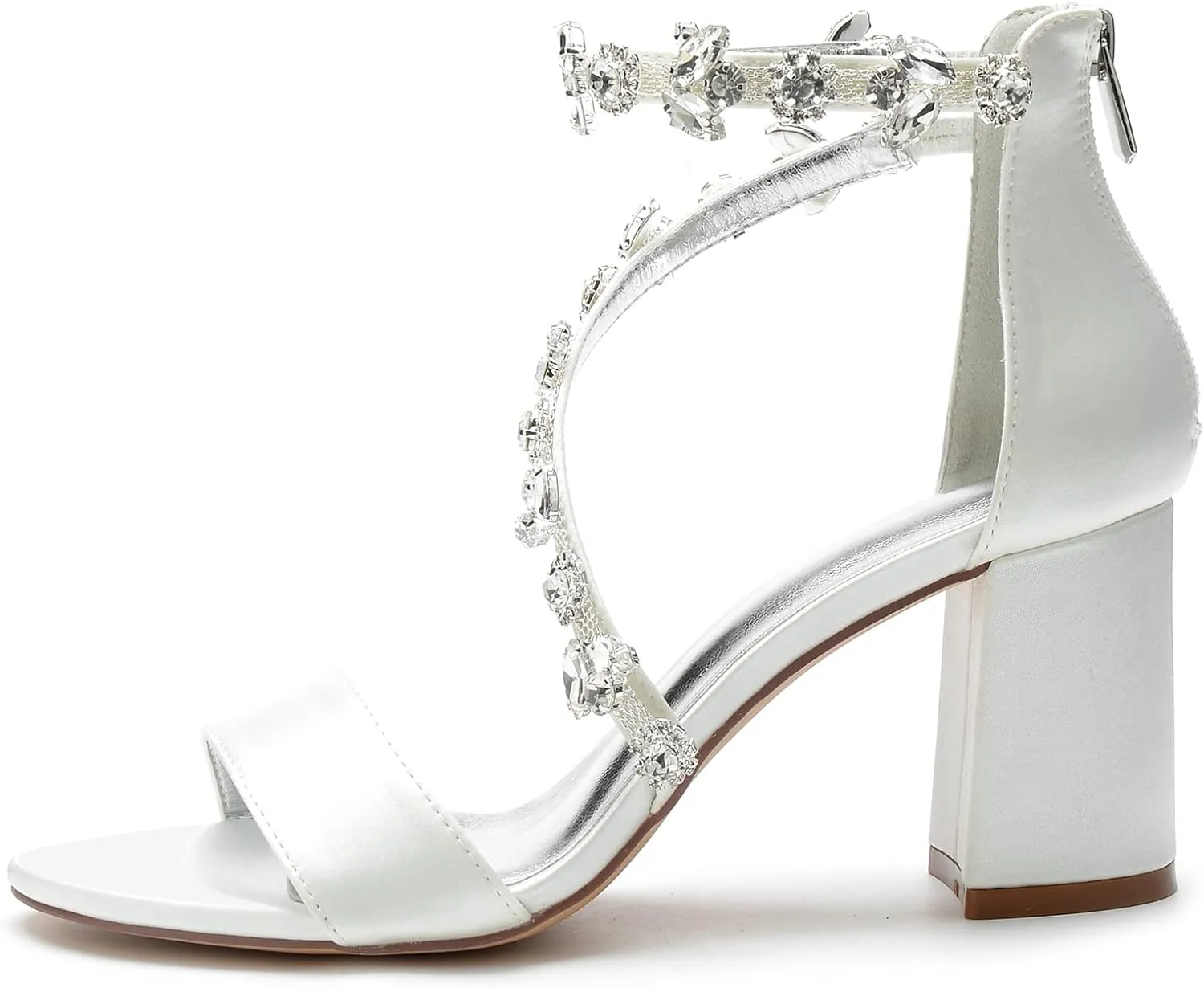 Hyinlays Women's Open Toe Block Heel Sandals Chunky Crystal Wedding Dress Shoes Ankle Strap Prom Party Pump Sandals