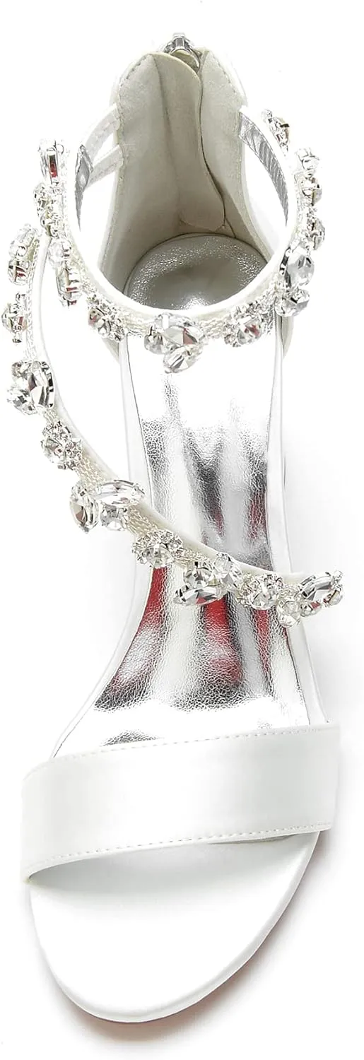 Hyinlays Women's Open Toe Block Heel Sandals Chunky Crystal Wedding Dress Shoes Ankle Strap Prom Party Pump Sandals