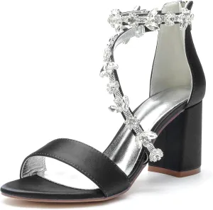 Hyinlays Women's Open Toe Block Heel Sandals Chunky Crystal Wedding Dress Shoes Ankle Strap Prom Party Pump Sandals