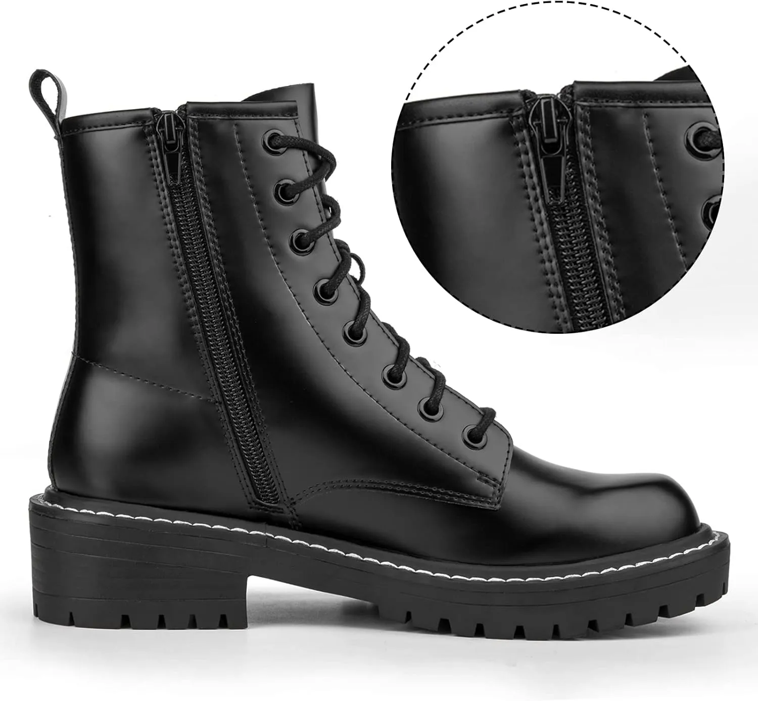 ICHIGO Women’s Fashion Ankle Booties Causal 8-Eye Side Zipper Lace-up Combat Boots