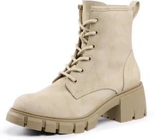IDIFU IN2 Combat Boots Womens Ankle Boots Low Block Heel Fashion Chunky Short Platform Dress Boots for Women Round Toe Lace Up Boots Ladies Comfortable Cute Stylish Casual Work Lug Sole Booties