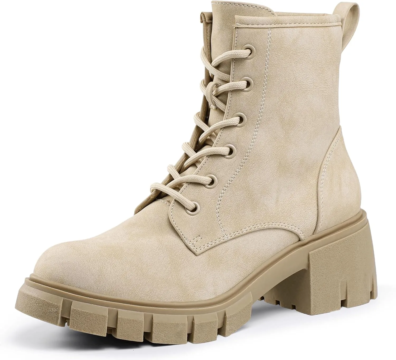 IDIFU IN2 Combat Boots Womens Ankle Boots Low Block Heel Fashion Chunky Short Platform Dress Boots for Women Round Toe Lace Up Boots Ladies Comfortable Cute Stylish Casual Work Lug Sole Booties