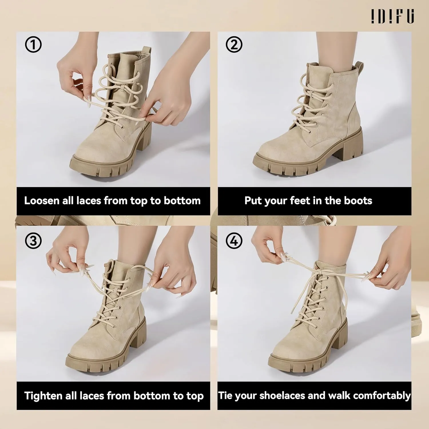 IDIFU IN2 Combat Boots Womens Ankle Boots Low Block Heel Fashion Chunky Short Platform Dress Boots for Women Round Toe Lace Up Boots Ladies Comfortable Cute Stylish Casual Work Lug Sole Booties
