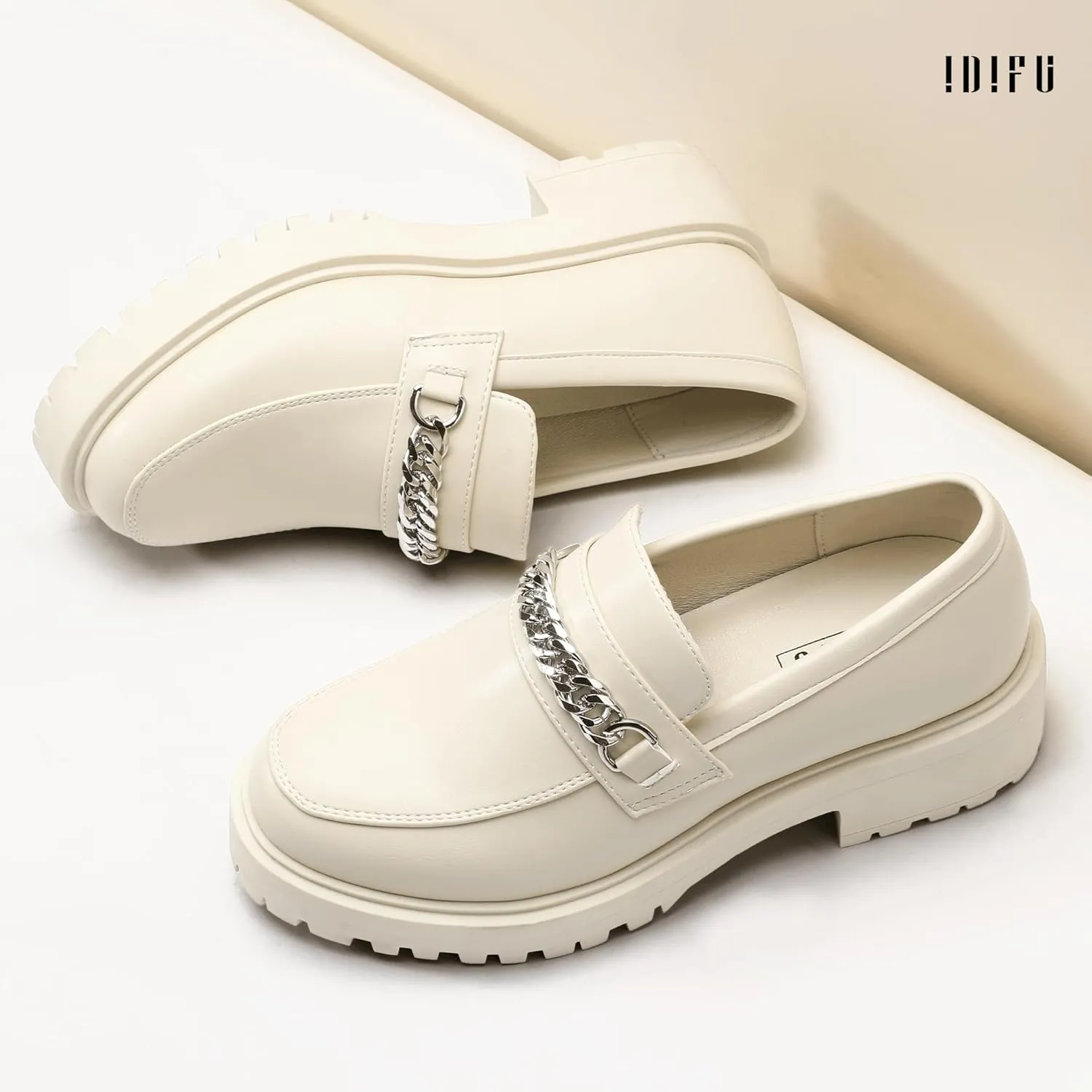 IDIFU IN2 Platform Loafers for Women with Chain Chunky Heel Penny Loafers Comfortable Round Toe Dress Shoes Work Office Business Dressy Fashion Casual Slip On Lug Sole Loafers Shoes