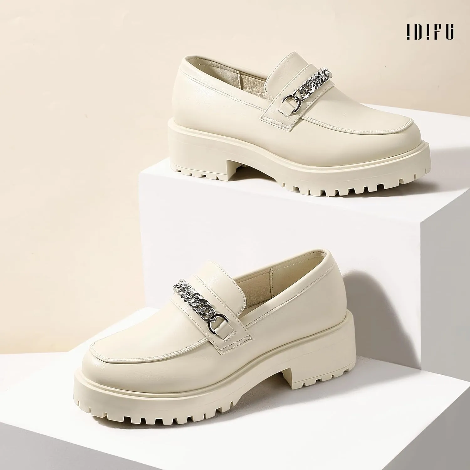 IDIFU IN2 Platform Loafers for Women with Chain Chunky Heel Penny Loafers Comfortable Round Toe Dress Shoes Work Office Business Dressy Fashion Casual Slip On Lug Sole Loafers Shoes