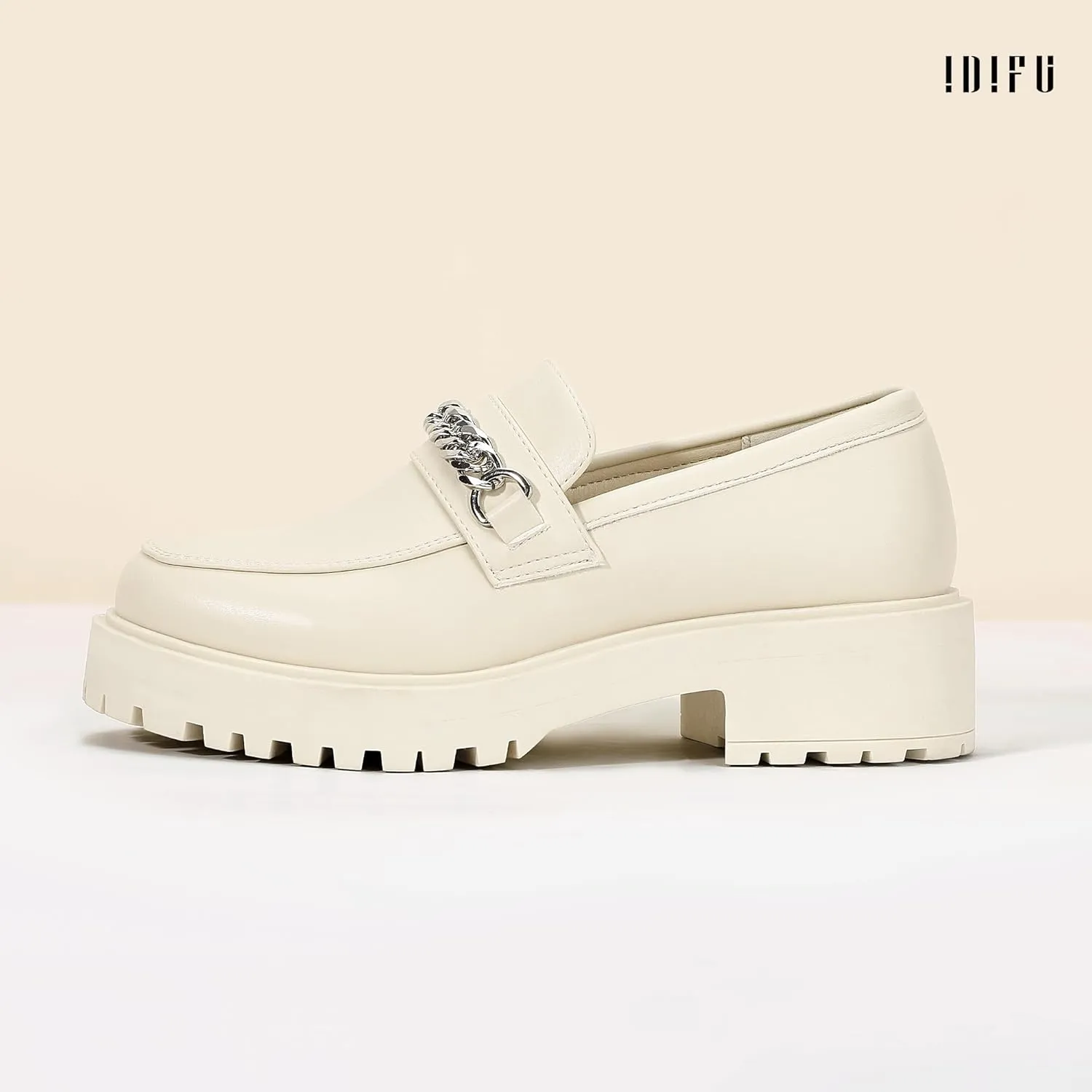 IDIFU IN2 Platform Loafers for Women with Chain Chunky Heel Penny Loafers Comfortable Round Toe Dress Shoes Work Office Business Dressy Fashion Casual Slip On Lug Sole Loafers Shoes