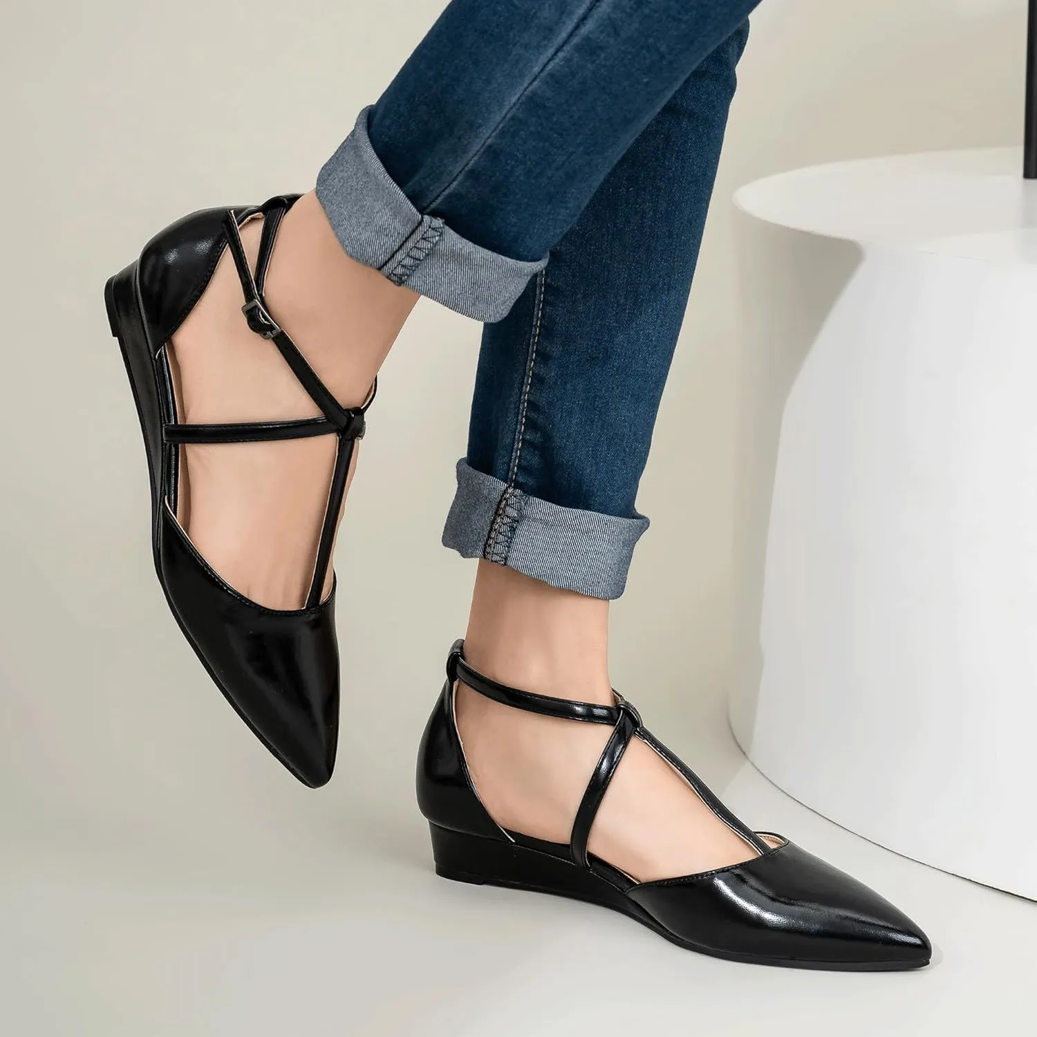 IDIFU Strappy Flat Shoes Pointed Closed Toe Dress Shoes for Women Buckle Ankle T Strap Wedge Flats Wedding Bride Bridal Guest Business Casual Office Prom Dressy Comfortable Formal Women's Flats Shoes