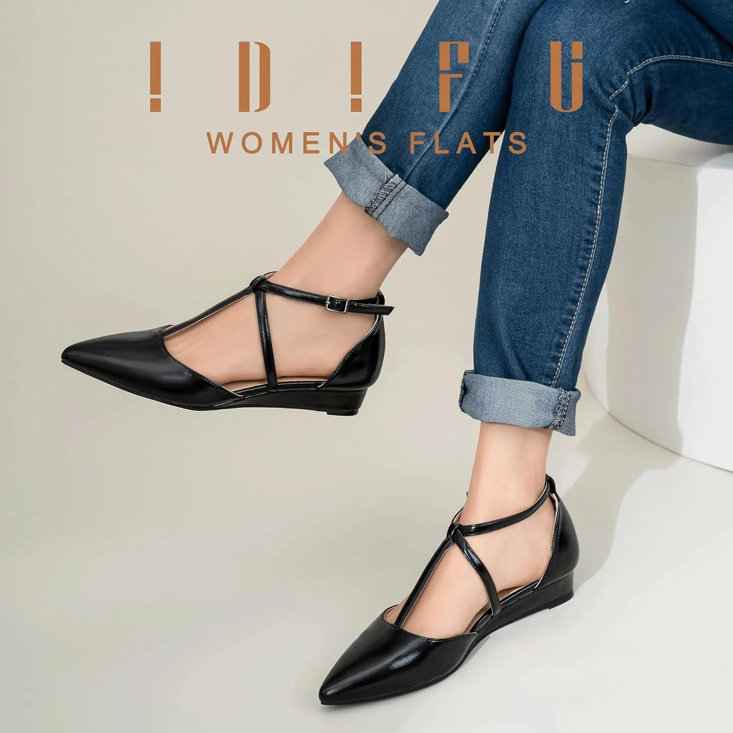 IDIFU Strappy Flat Shoes Pointed Closed Toe Dress Shoes for Women Buckle Ankle T Strap Wedge Flats Wedding Bride Bridal Guest Business Casual Office Prom Dressy Comfortable Formal Women's Flats Shoes