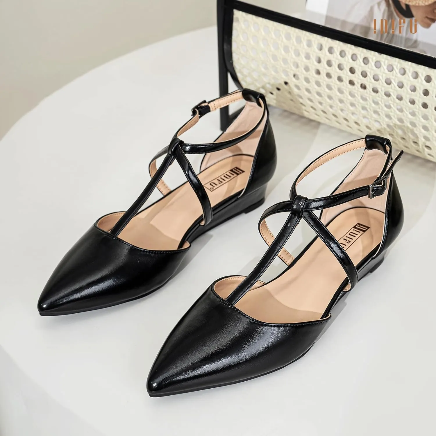 IDIFU Strappy Flat Shoes Pointed Closed Toe Dress Shoes for Women Buckle Ankle T Strap Wedge Flats Wedding Bride Bridal Guest Business Casual Office Prom Dressy Comfortable Formal Women's Flats Shoes