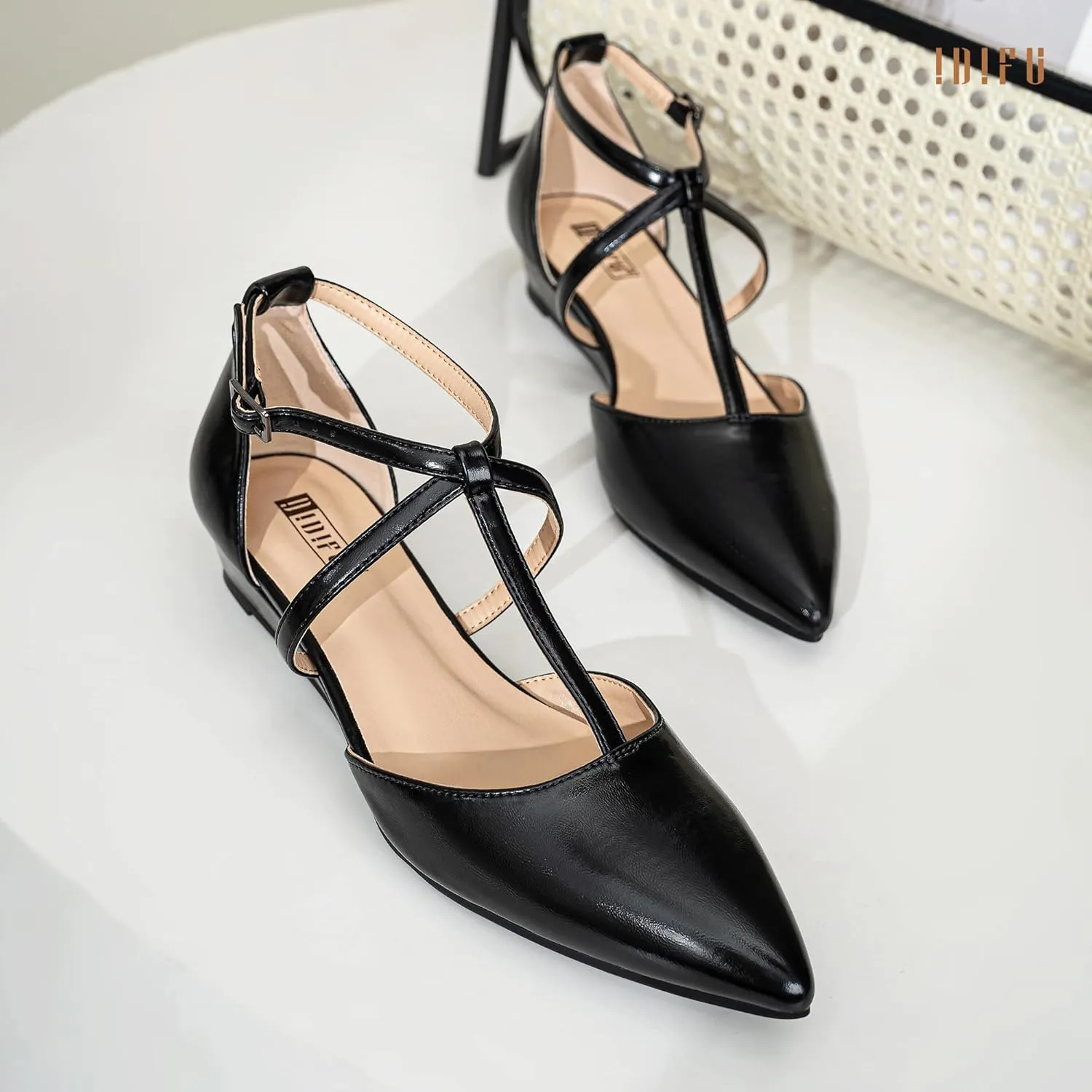 IDIFU Strappy Flat Shoes Pointed Closed Toe Dress Shoes for Women Buckle Ankle T Strap Wedge Flats Wedding Bride Bridal Guest Business Casual Office Prom Dressy Comfortable Formal Women's Flats Shoes