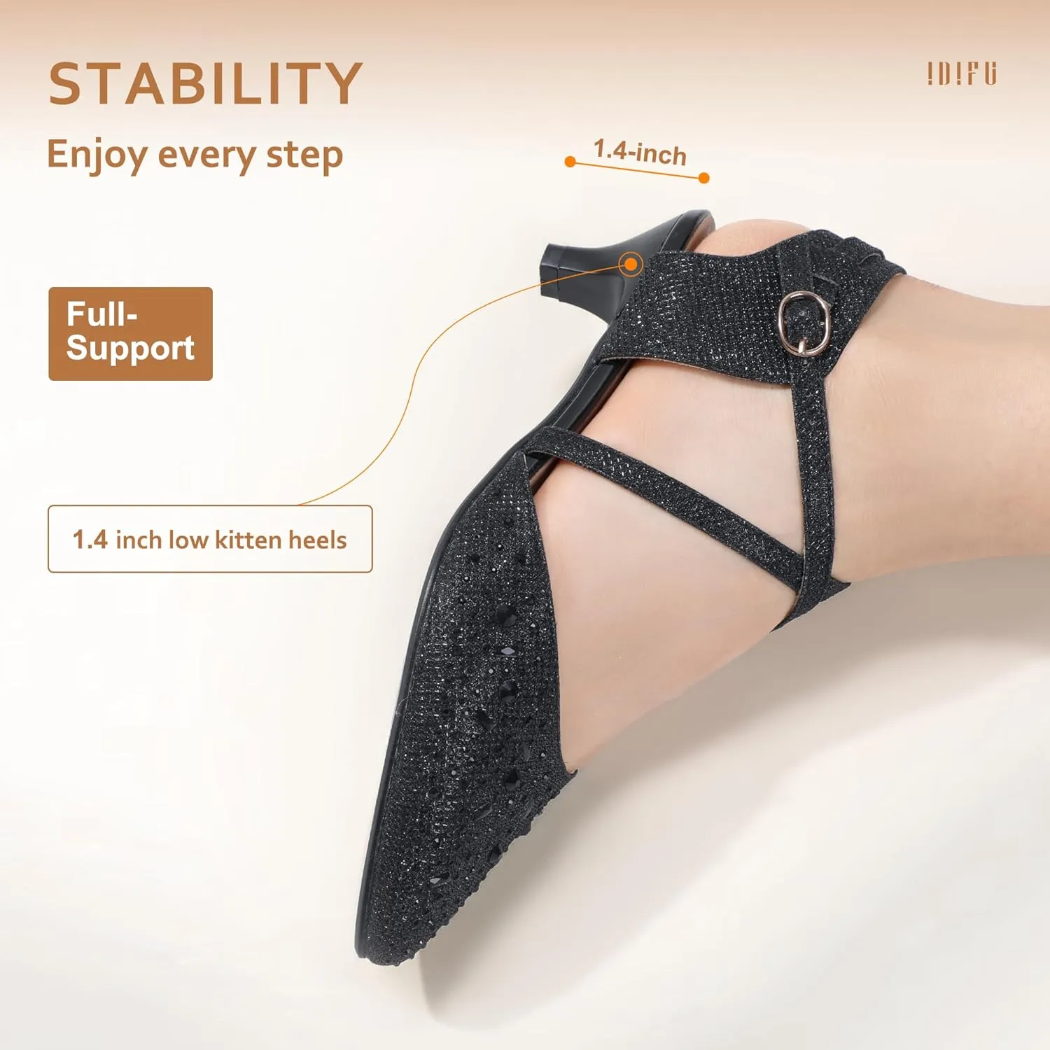 IDIFU Women's Sequins Wedding Kitten Small Heel Shoes Ankle Strap Bridal Bride Dance Dress Shoes - Silver Gold Black