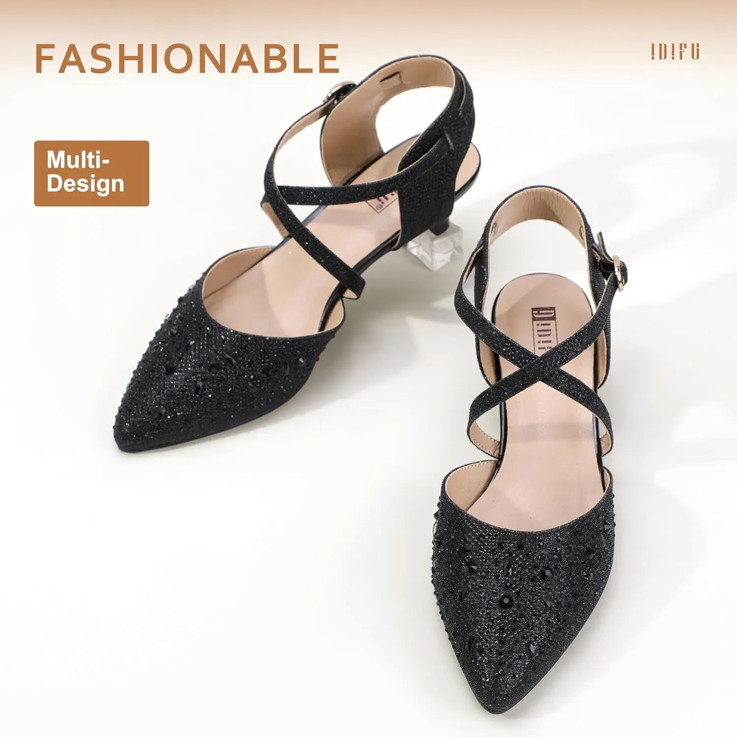 IDIFU Women's Sequins Wedding Kitten Small Heel Shoes Ankle Strap Bridal Bride Dance Dress Shoes - Silver Gold Black