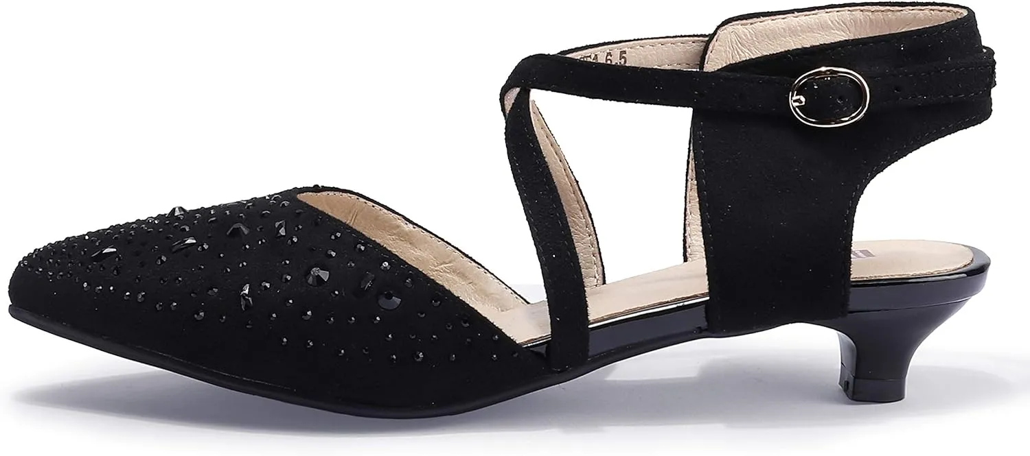 IDIFU Women's Sequins Wedding Kitten Small Heel Shoes Ankle Strap Bridal Bride Dance Dress Shoes - Silver Gold Black