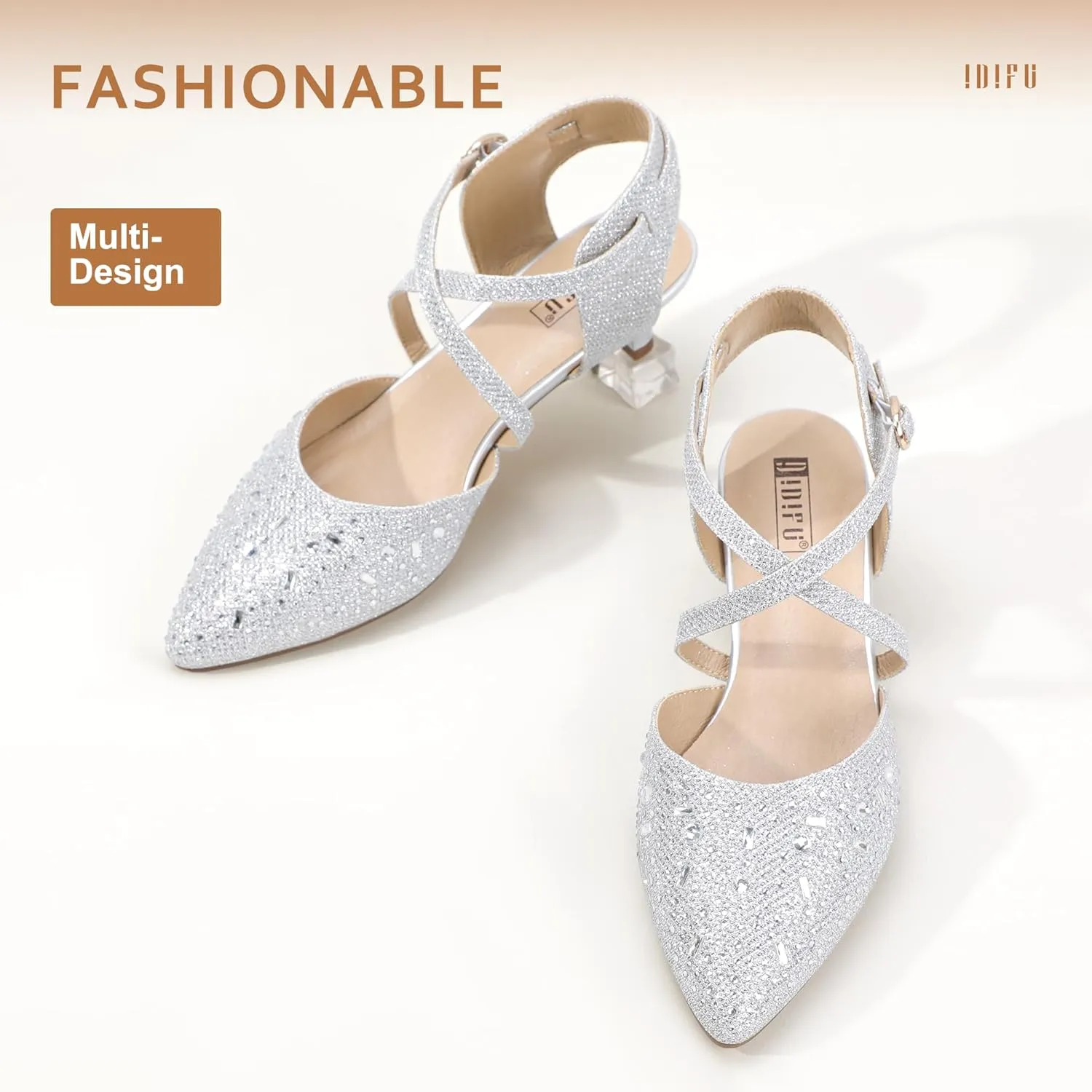 IDIFU Women's Sequins Wedding Kitten Small Heel Shoes Ankle Strap Bridal Bride Dance Dress Shoes - Silver Gold Black