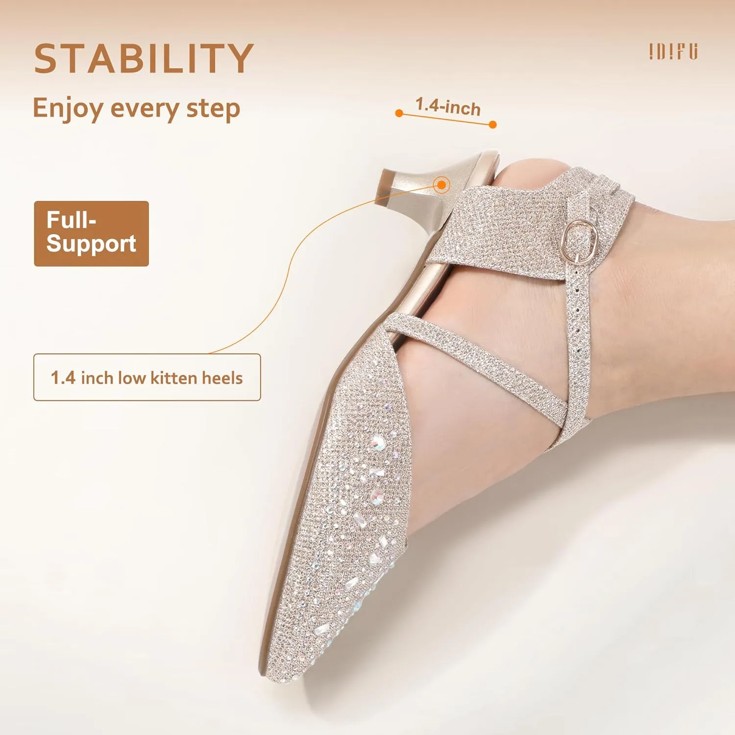 IDIFU Women's Sequins Wedding Kitten Small Heel Shoes Ankle Strap Bridal Bride Dance Dress Shoes - Silver Gold Black