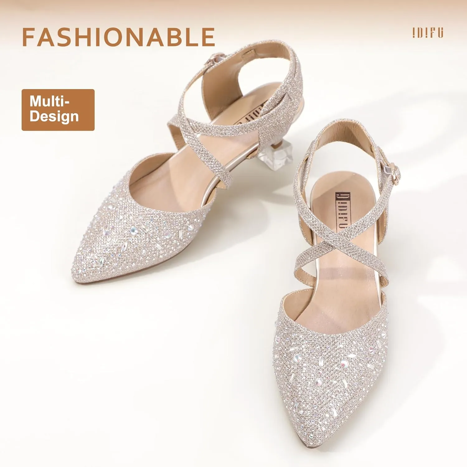 IDIFU Women's Sequins Wedding Kitten Small Heel Shoes Ankle Strap Bridal Bride Dance Dress Shoes - Silver Gold Black