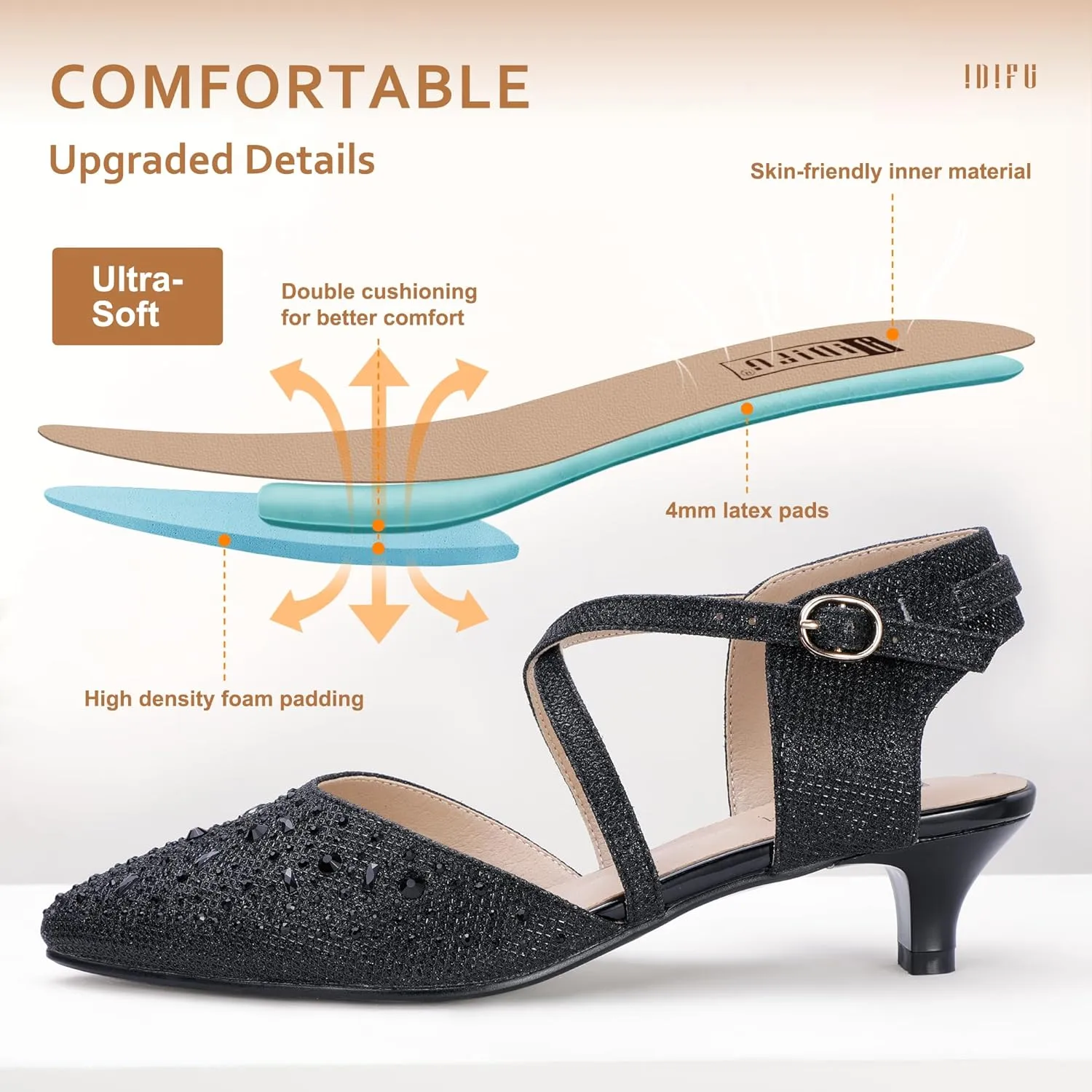 IDIFU Women's Sequins Wedding Kitten Small Heel Shoes Ankle Strap Bridal Bride Dance Dress Shoes - Silver Gold Black