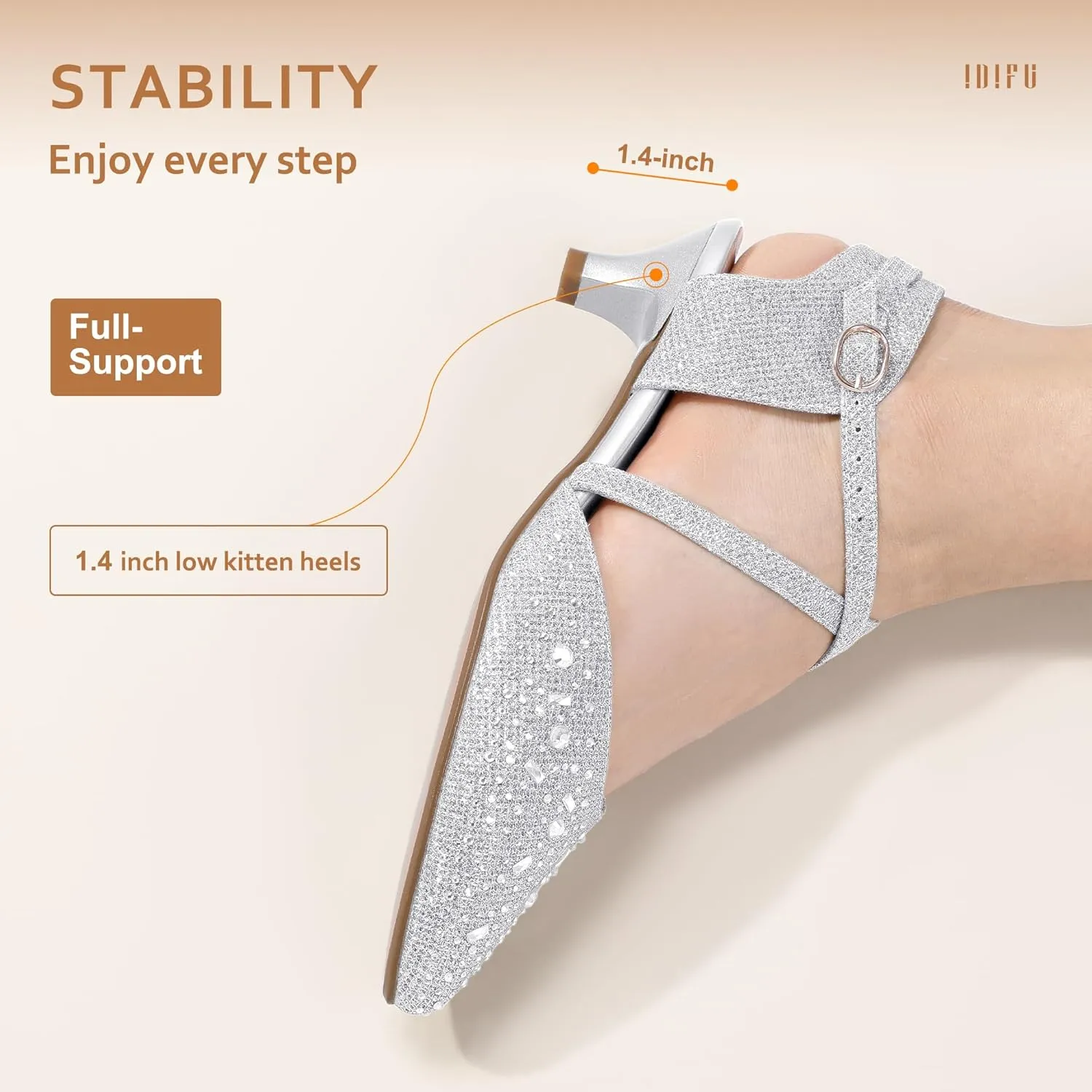 IDIFU Women's Sequins Wedding Kitten Small Heel Shoes Ankle Strap Bridal Bride Dance Dress Shoes - Silver Gold Black